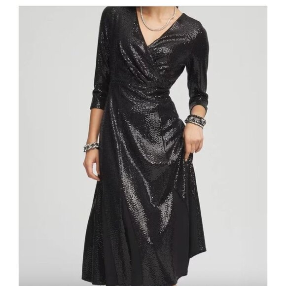 Chico's Black Sequin Midi Party Dress XL (Size 3) Glam Sparkle V-Neck Holiday - Picture 3 of 13